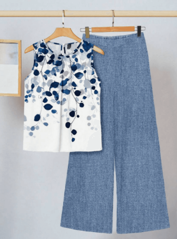 Ink Wash Print Sleeveless Top And Wide-leg Pants Set