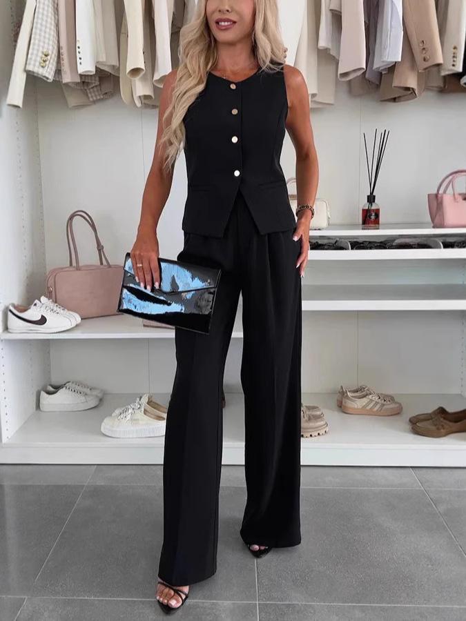 Elegant Commuter Suit V-neck Buttons Decorative Vest Trousers