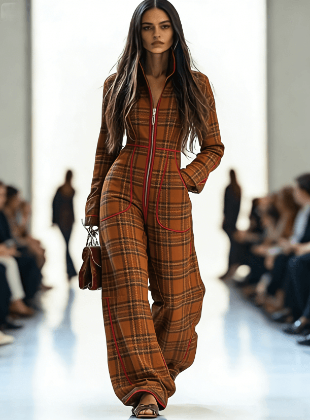 Zippered Long-sleeved Casual Wide-leg Jumpsuit