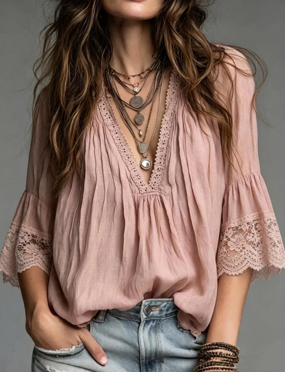 Lace-Panel V-Neck Fashionable Blouse For Women