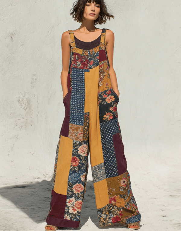 Bohemian Style Patchwork Print Loose Wide-leg Overalls For Women