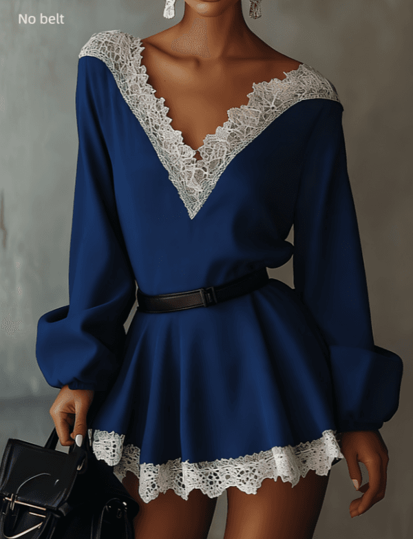 Lace V-neck Fitted Waist Lantern Sleeve Short Dress, Women's Long-sleeved Elegant Jumpsuit