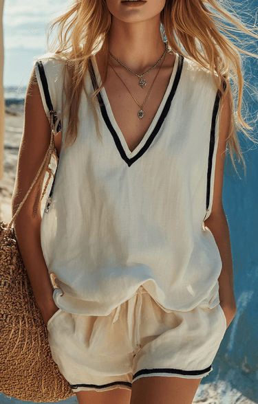 V-neck Sleeveless Linen Top & Drawstring Shorts Set