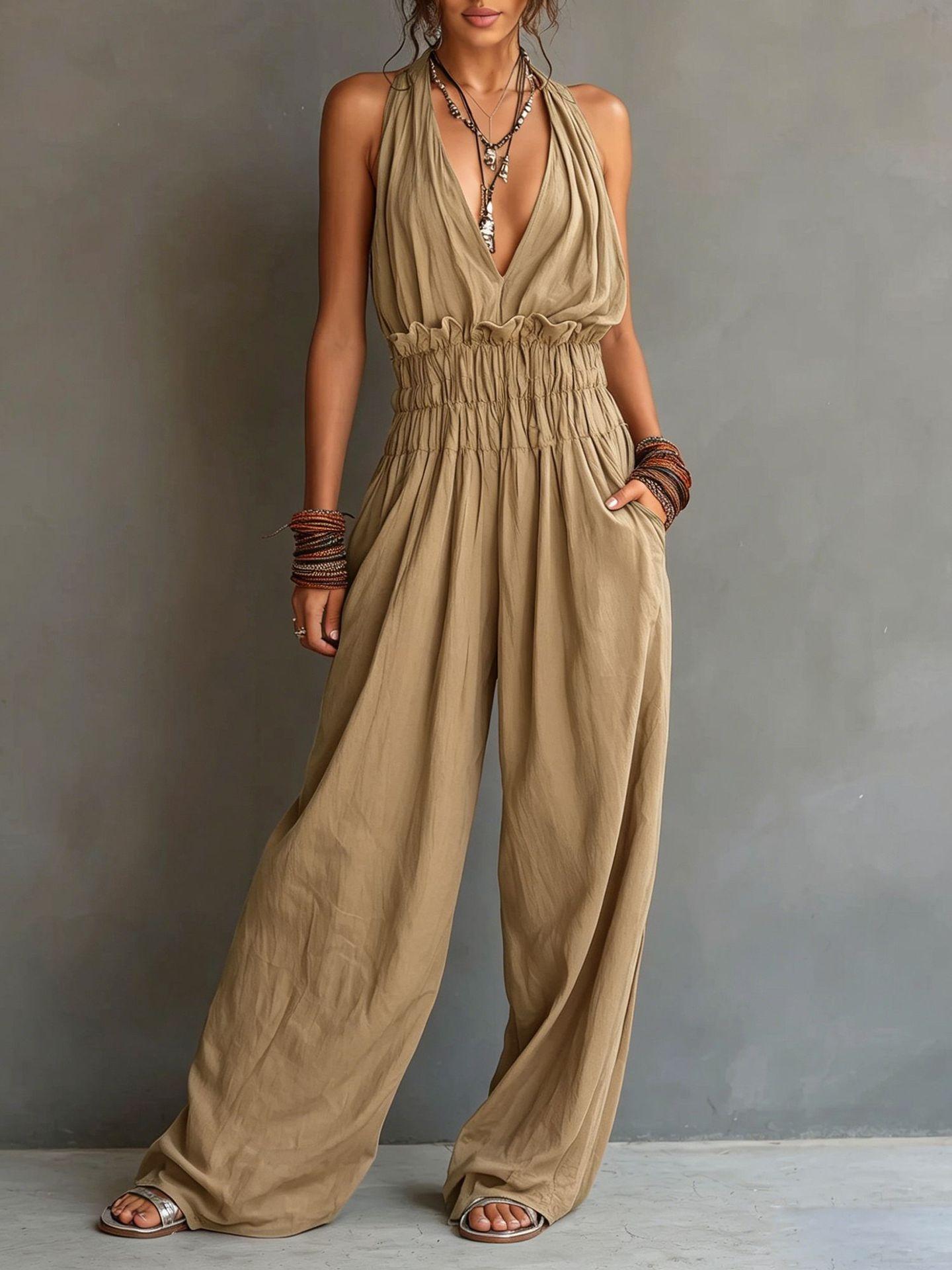 Strap-style V-neck Sleeveless Waist-cinching One-piece Suit