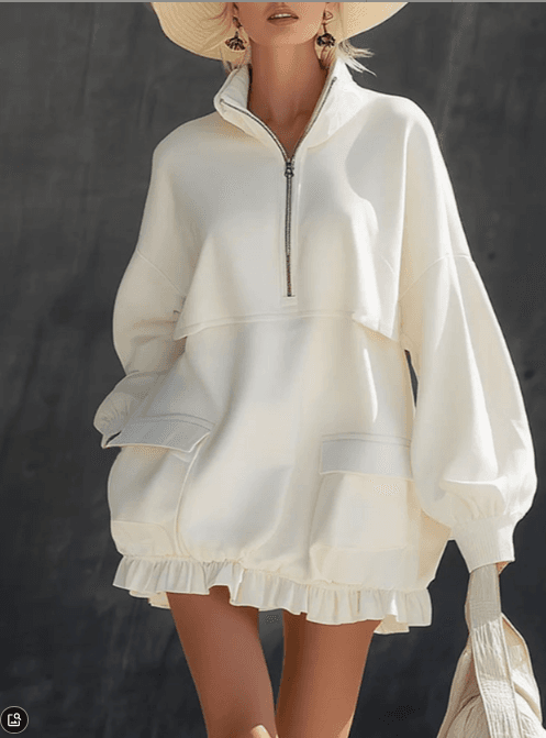 Mi Bai Half Zipper Stand Up Collar Large Pocket Black Fungus Edge Short Hoodie Skirt