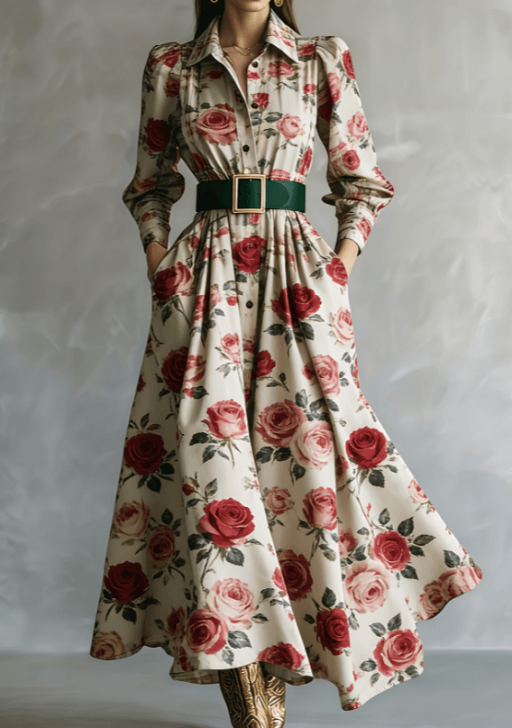 Waist-cinching Shirt Collar Casual Long Dress