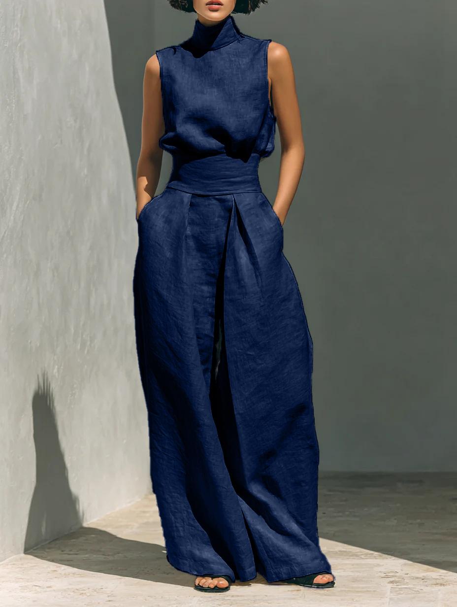 Womens Cotton-Linen Blend Sleeveless Top And Wide-Leg Pants Set
