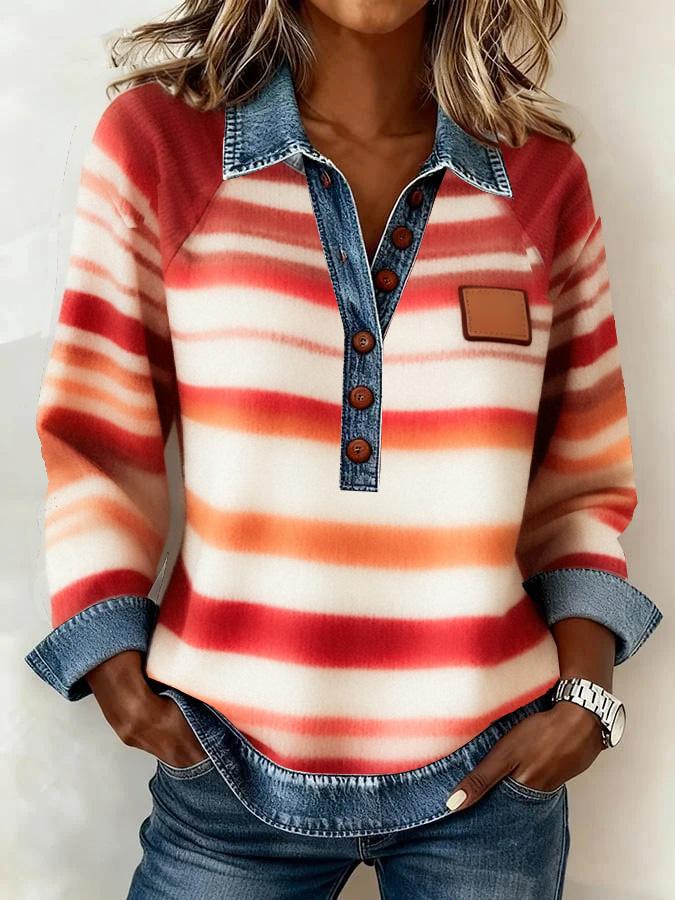 Denim Patchwork Collar Button-down Casual Long-sleeved Top