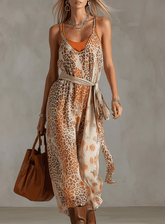 2026 New Leopard Print Suspender Waist Cinching Long Dress