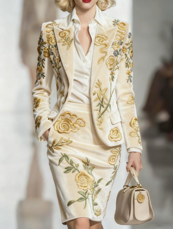 Elegant Velvet Printed Suit And Pencil Skirt Set