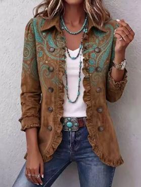 Ruffled Jacket Solid Color Pleated Lapel Blazer Women's Fashion Casual Printed Suit Jacket Office Wear Clothing