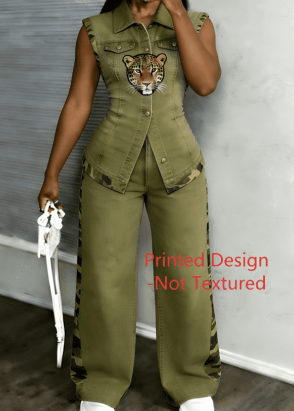 Workwear Style Sleeveless Printed Two-piece Set