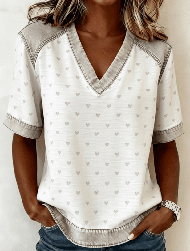 Color-blocked V-neck Raglan Sleeve T-shirt For Women, Loose Fit, Casual And Versatile Short Sleeve.