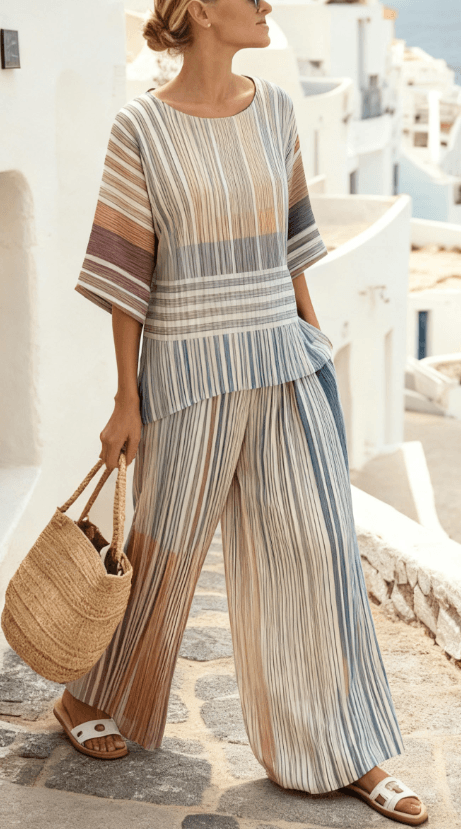 Summer Striped Suits Loose Batwing Sleeve T-shirt And Solid Straight-leg Pants