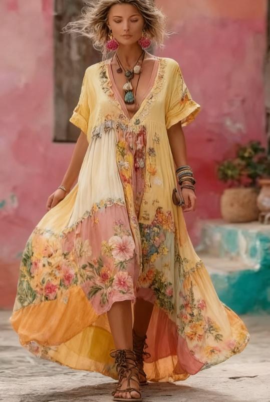 Women's Floral Embroidery Patchwork Art V-Neck Long Dress