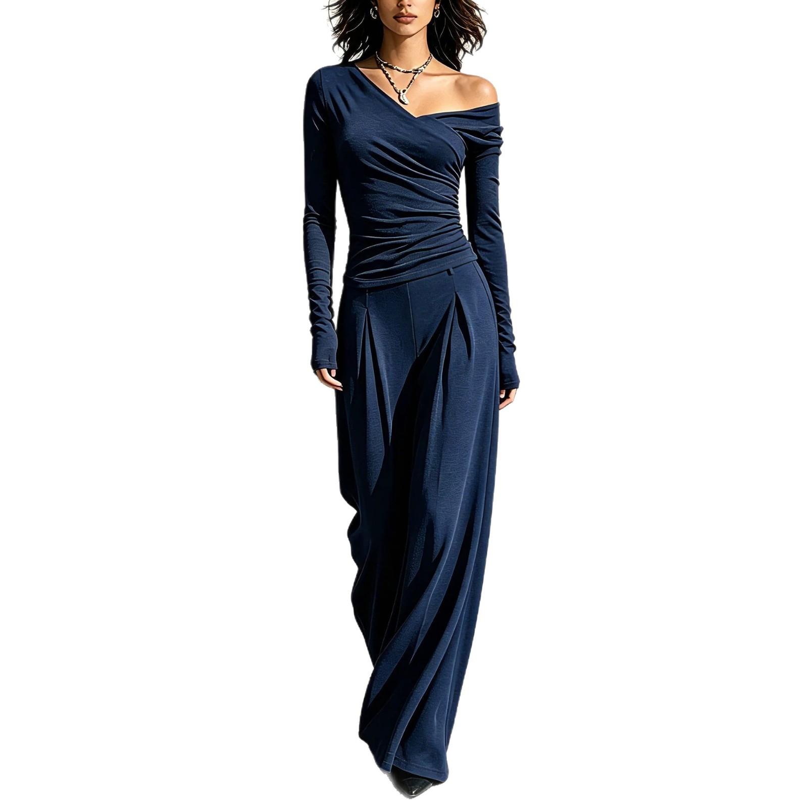 Irregular Off-shoulder Long-sleeve Top High-waisted Wide-leg Pants Womens Outfit