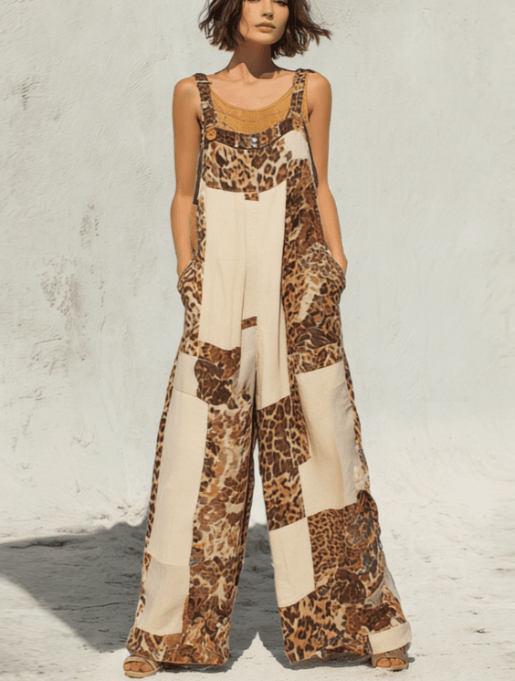 Bohemian Style Patchwork Print Loose Wide-leg Overalls For Women