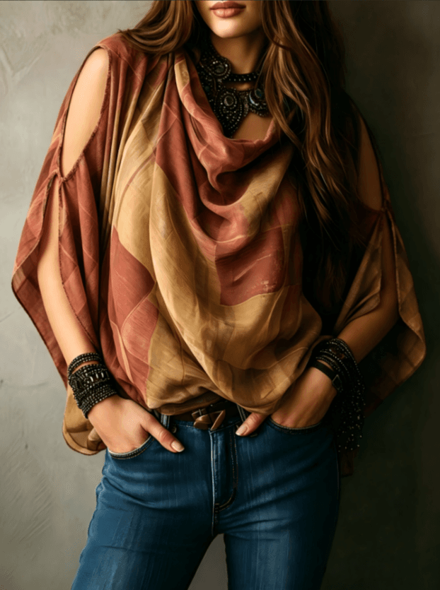 Cowl Neck Cold Shoulder Batwing Sleeve Abstract Earth Tone Print Boho Blouse