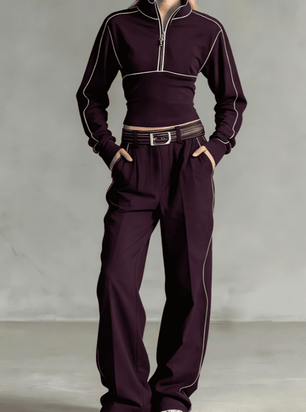 Stand-up Collar Short Zip-up Top  Wide-leg Pants Casual Sportswear Set