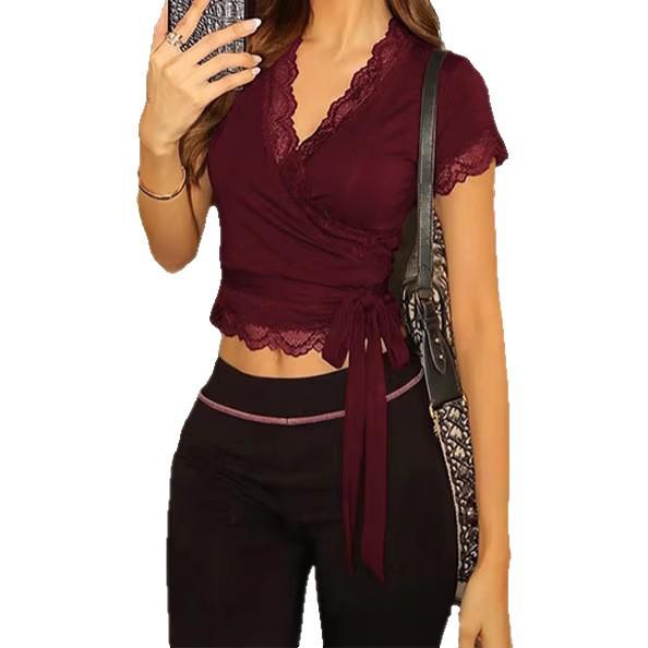 Women's Sexy Lace Bandage Waist-Cinching Short Sleeve Top