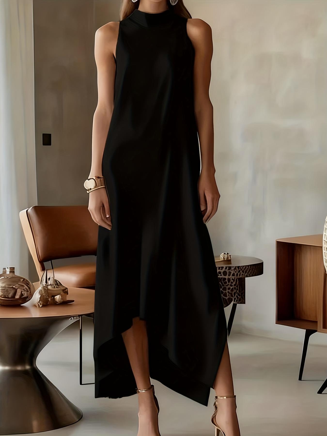 Women's Minimalist Elegant Sleeveless High-neck Midi Dress With Irregular Hem