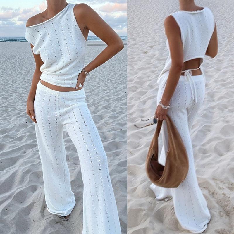 Sleeveless Tank Top And Casual Pants Knitted Womens Set