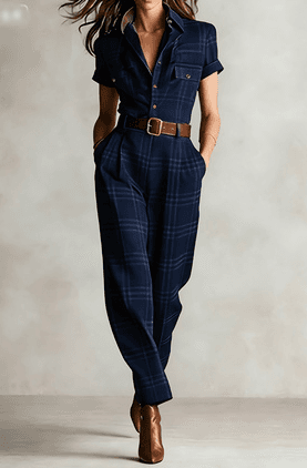 Vintage Plaid Lapel Short-sleeve Waist-cinched Utility Jumpsuit