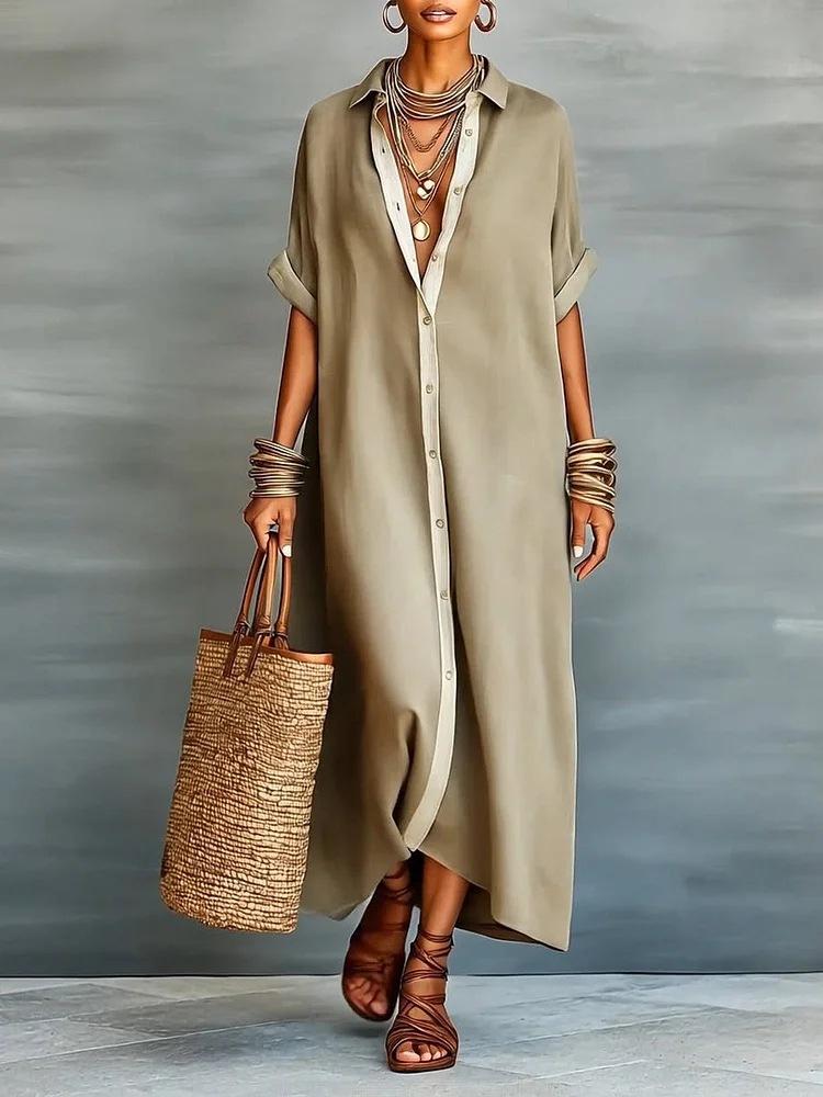 Women's Oversized Shirt Dress, Contrast Trim Rolled Sleeve Button Down Maxi Dress For Spring Summer