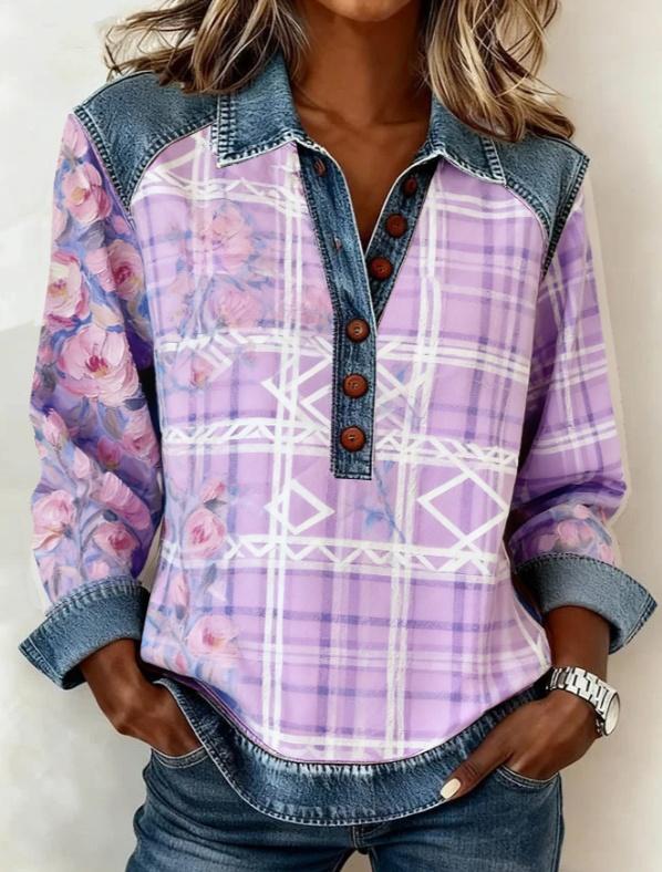 Denim Patchwork Collar Button-down Casual Long-sleeved Top