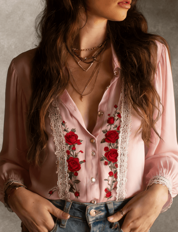 French Retro Style Lace Floral Print Shirt For Women