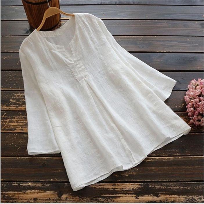 Plus-size Womens Casual Loose-fit Cotton And Linen Top