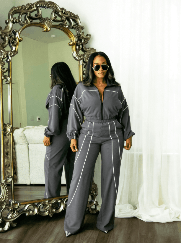American Hot Girl Contrast-Stitch Zip-Up Jacket & Wide-Leg Pants Set