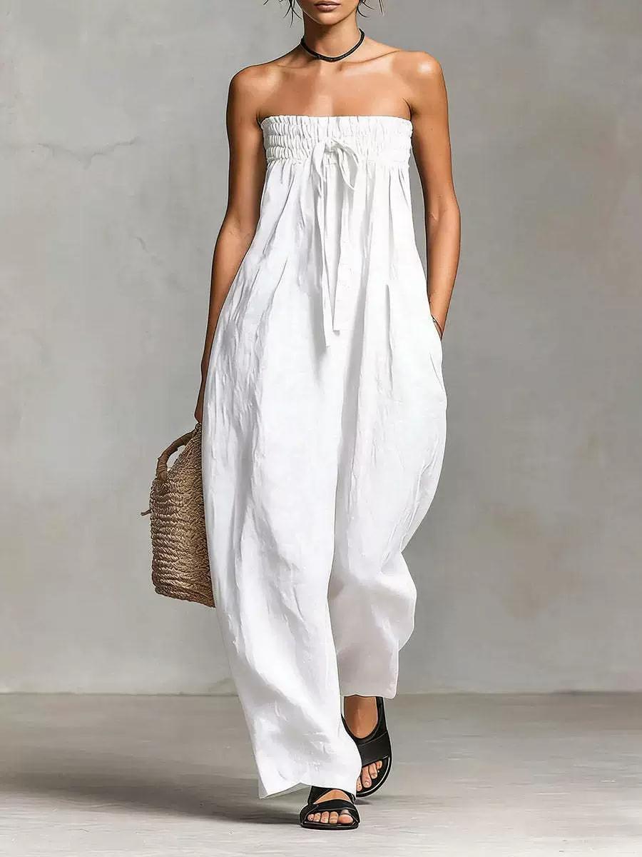 2026 Spring European American Women Strapless Smocked Bodice Jumpsuit, TieDetail Casual Playsuit