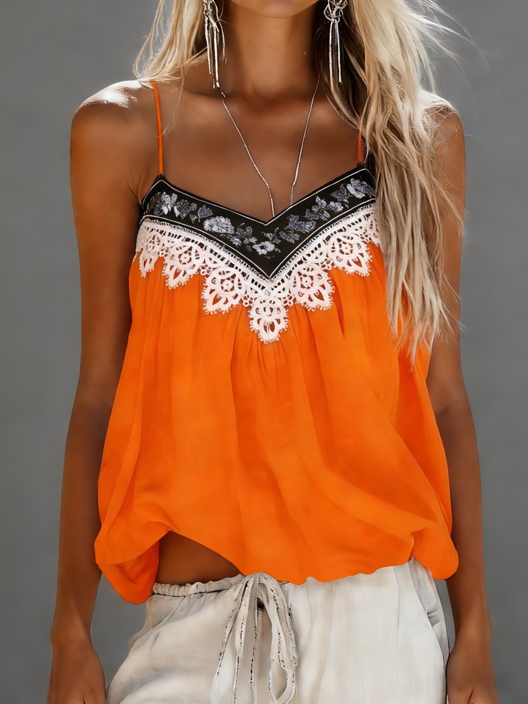 Women's Bohemian Retro Color Block Lace V-Neck Loose Camisole
