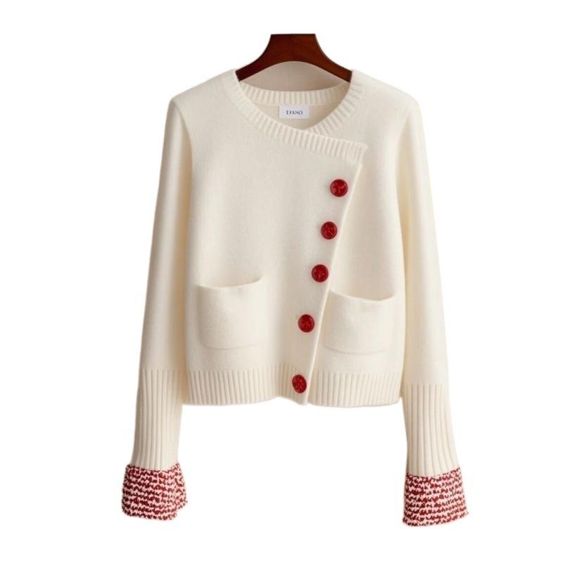 Design Sense Outer Wear Diagonal Buckle White Sweater Coat