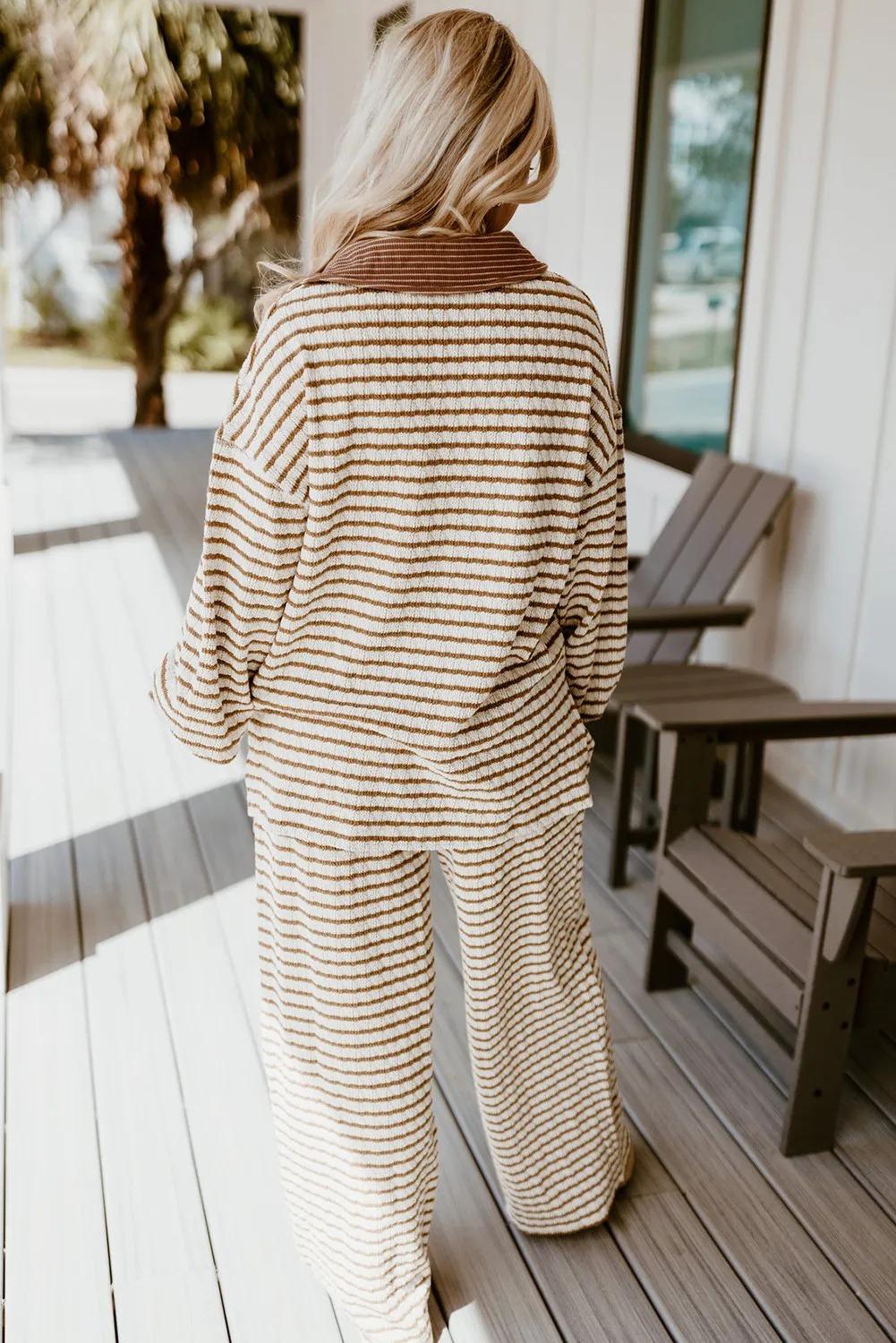 Khaki Stripe Collared Pullover Top And Drawstring Pant Set