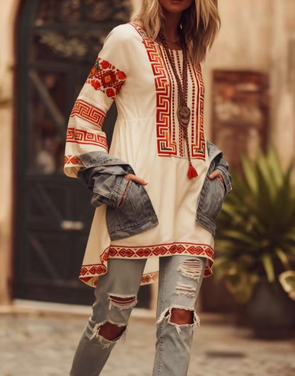 Ethnic Patterned Round Neck Bell Sleeve Casual Top