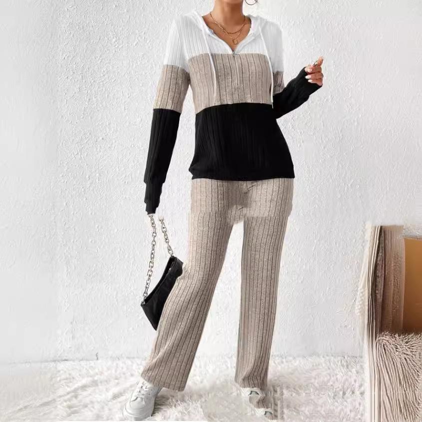 Contrast Color Hooded Zipper Long Sleeve Trousers Suit Knitted