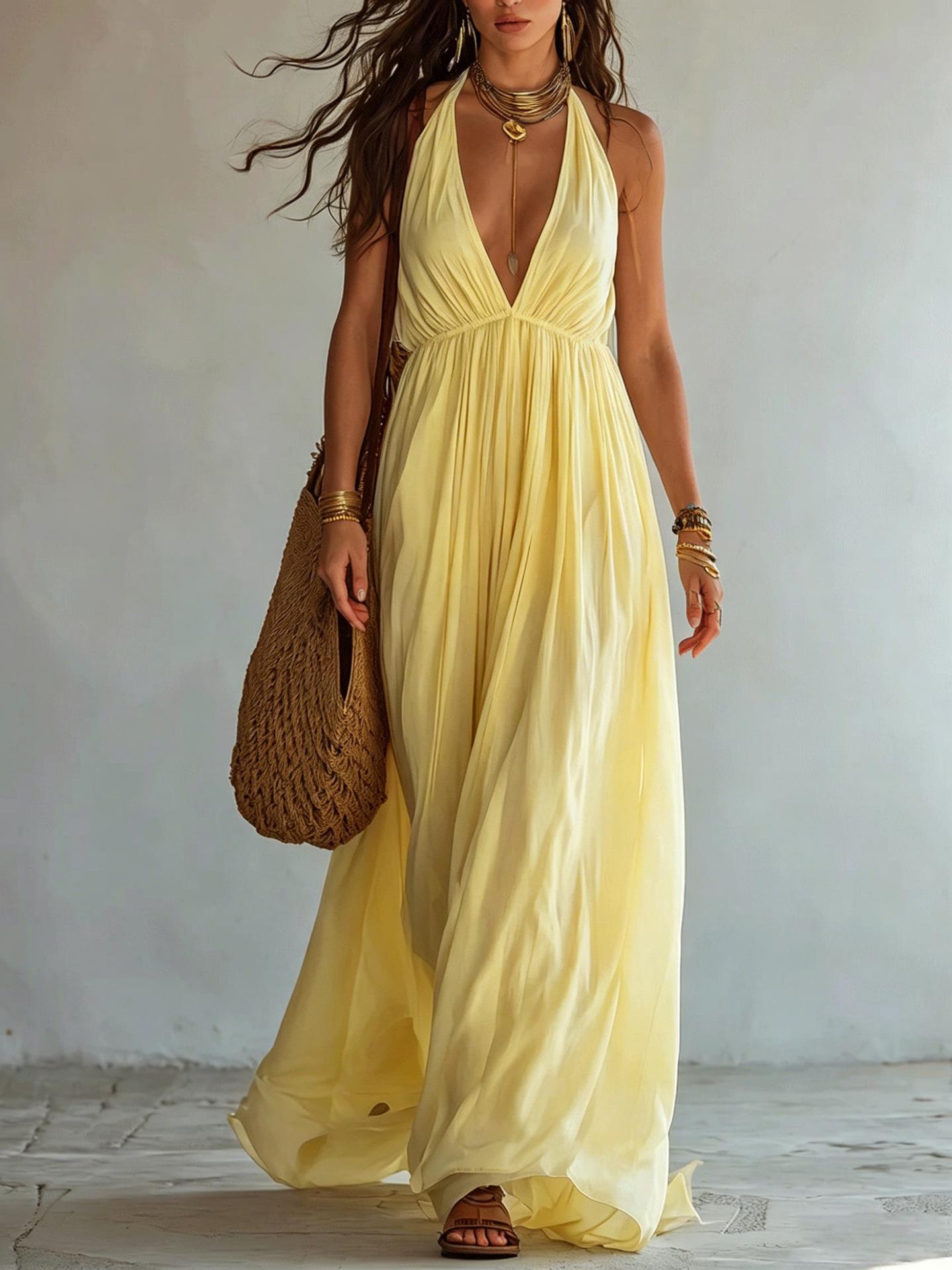 Deep V-neck Halter Backless Dress For Women