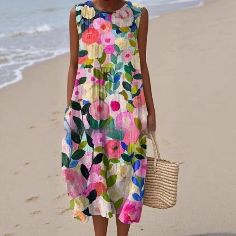 3D Digital Printing Pattern Sleeveless Round-neck Long-sleeved Dress