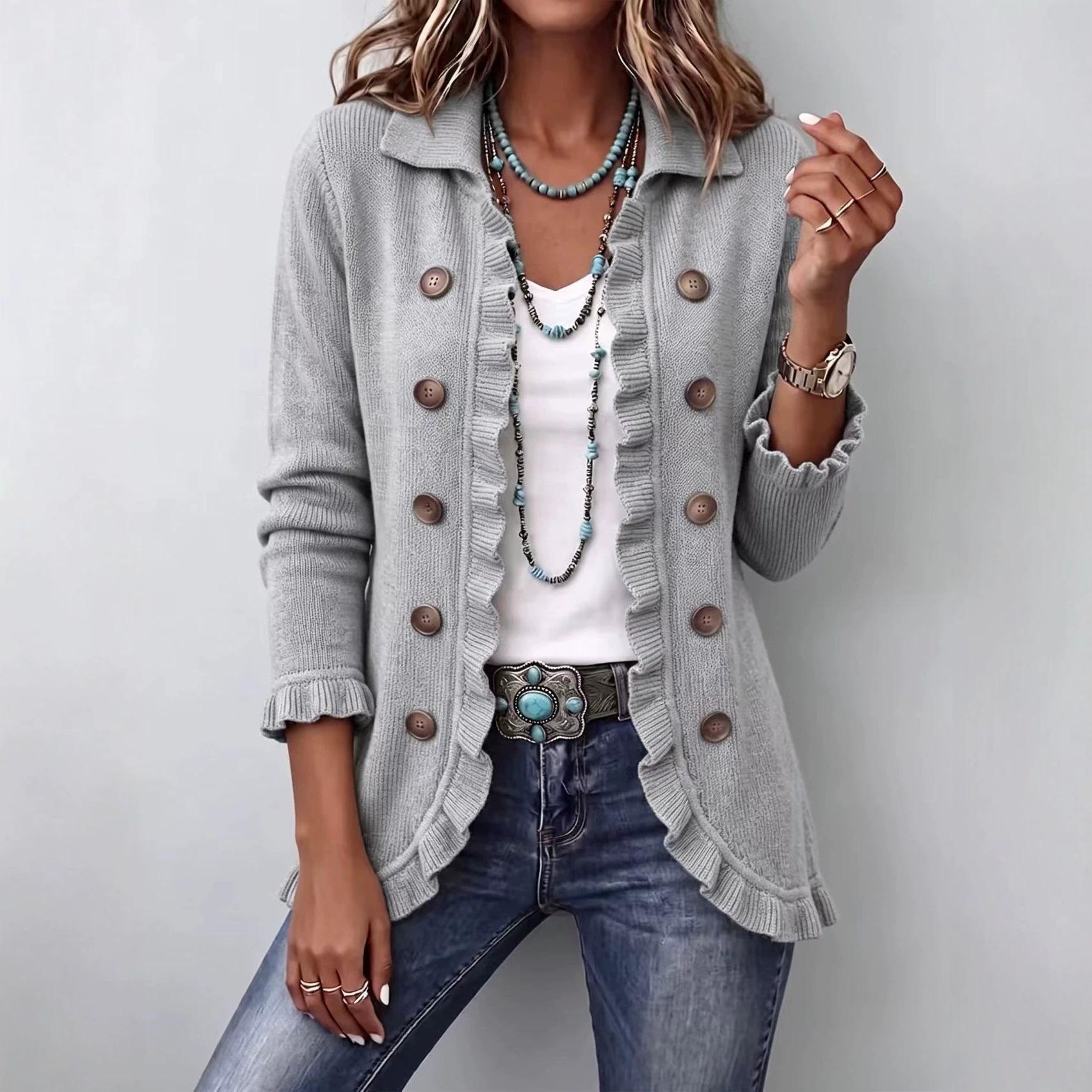 Elegant Womens Solid-Color Long-Sleeve Ruffled Knit Cardigan Sweater Coats With Buttons Spring Fall Front Opent Jackets Tops