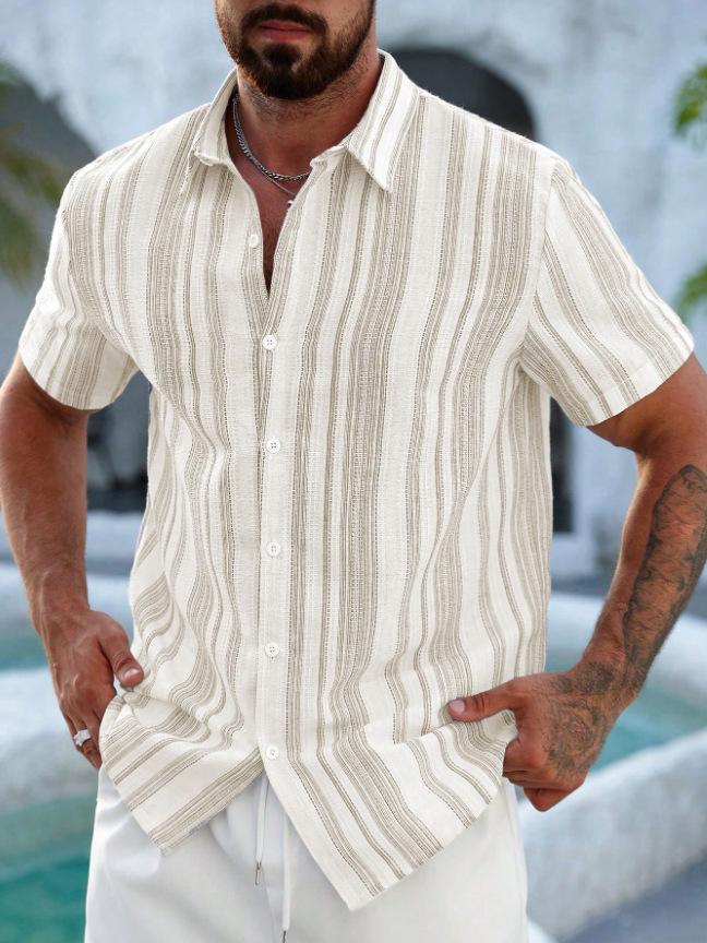 3D-printed Hawaiian Short-sleeve Striped Lapel Shirt