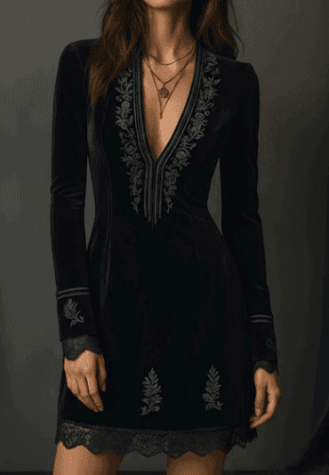 Retro-style Lace-trimmed V-neck Long-sleeved Mini Dress