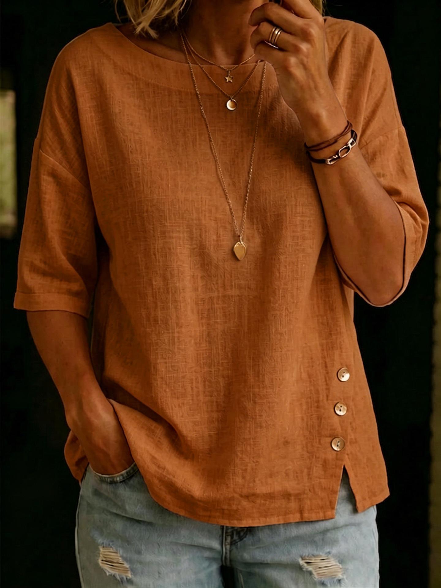 Asymmetrical Button Design Round Neck Loose-fitting Casual Top