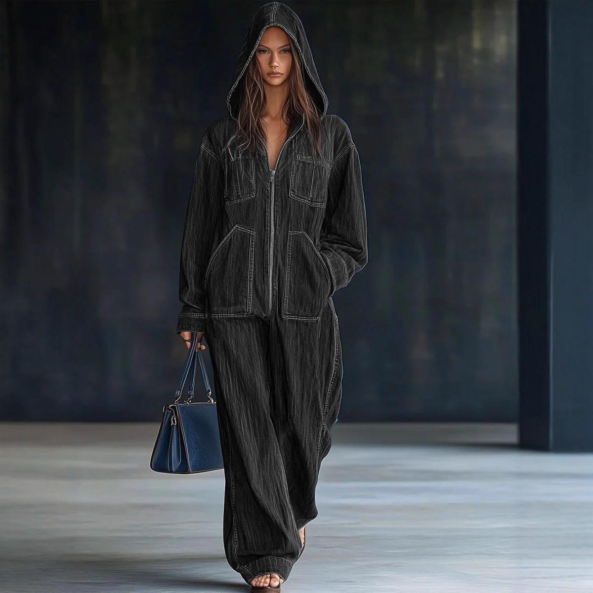 European And American Hooded Overall Jeans Women