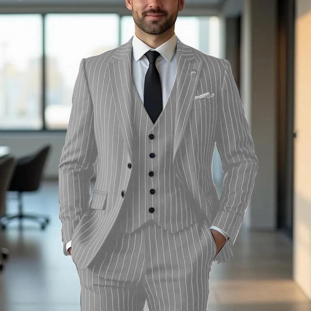 Black Vertical-Stripe Mens Formal Suit Three-Piece Set