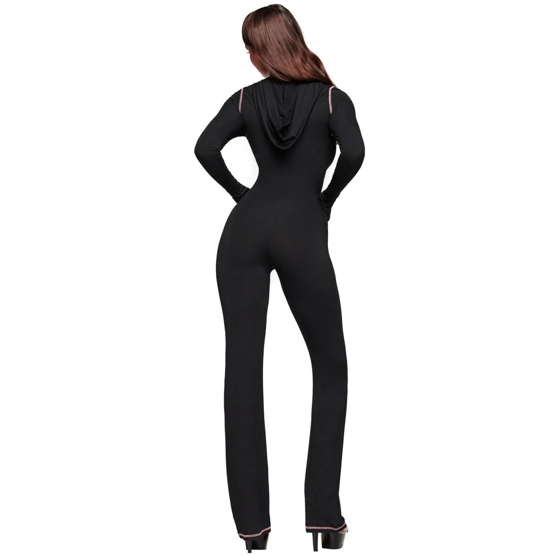 Bodycon Solid-Color Zipper Letter-Print Hooded Sexy Jumpsuit