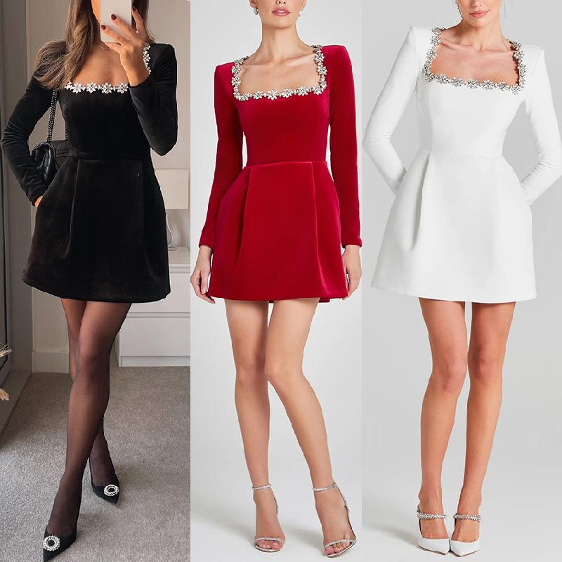 Women's Square Collar Diamond Inlaid Short Velvet Dress
