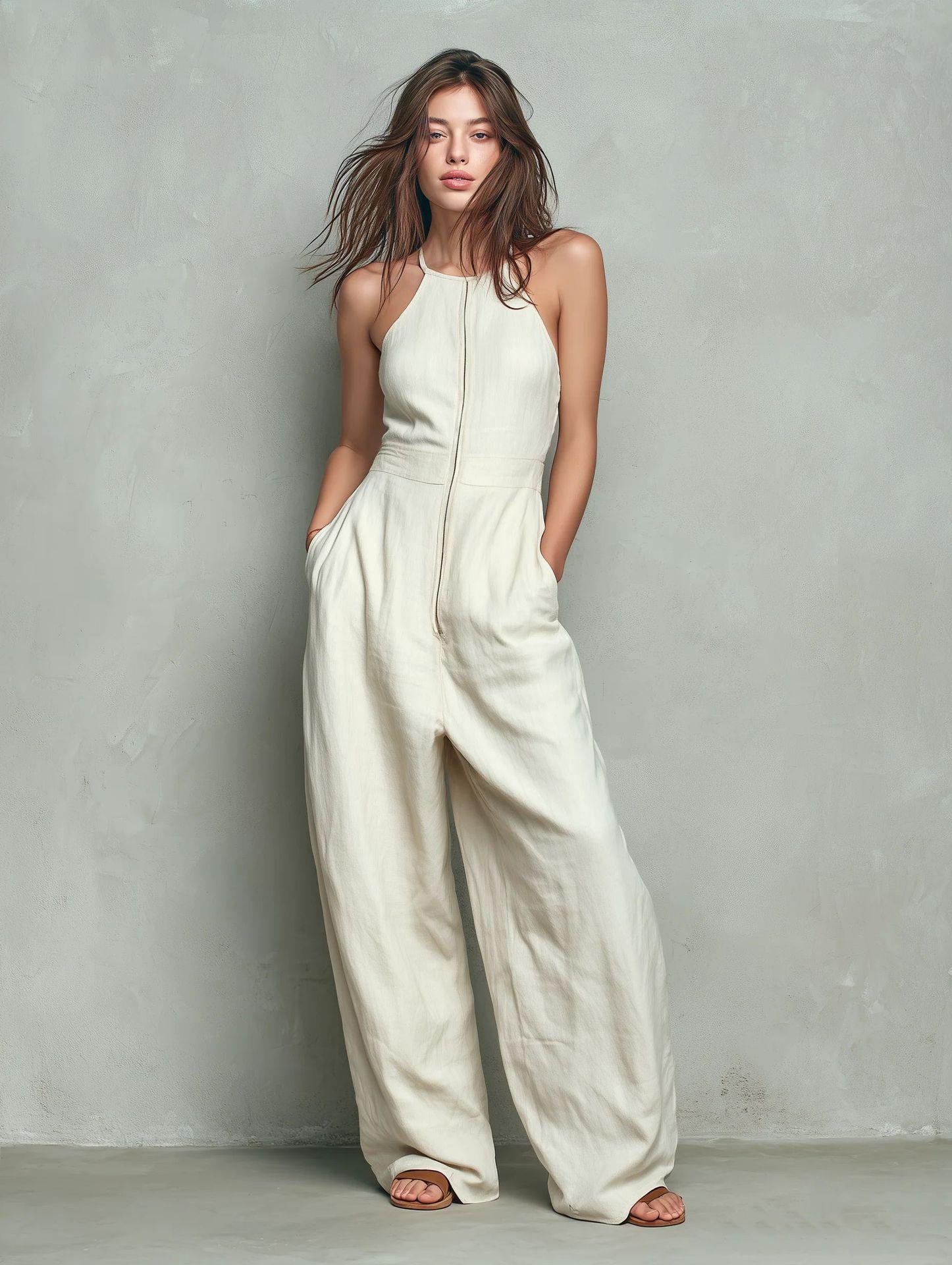 Womens Solid-color Zip-front Backless Wide-leg Relaxed-fit Jumpsuit