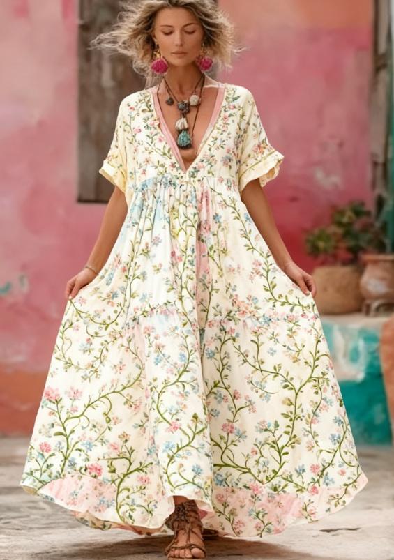Women's Floral Embroidery Patchwork Art V-Neck Long Dress